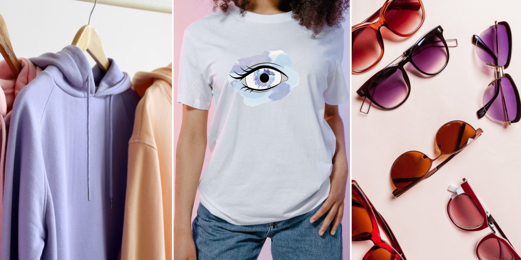 A trifold image, the left shows peach, lavender and apricot coloured hoodie, the centre is a lady in a white t-shirt and Jeans with an unsightly  eye logo on her shirt, and the right is several styles of sunglasses with different tinted lenses. 