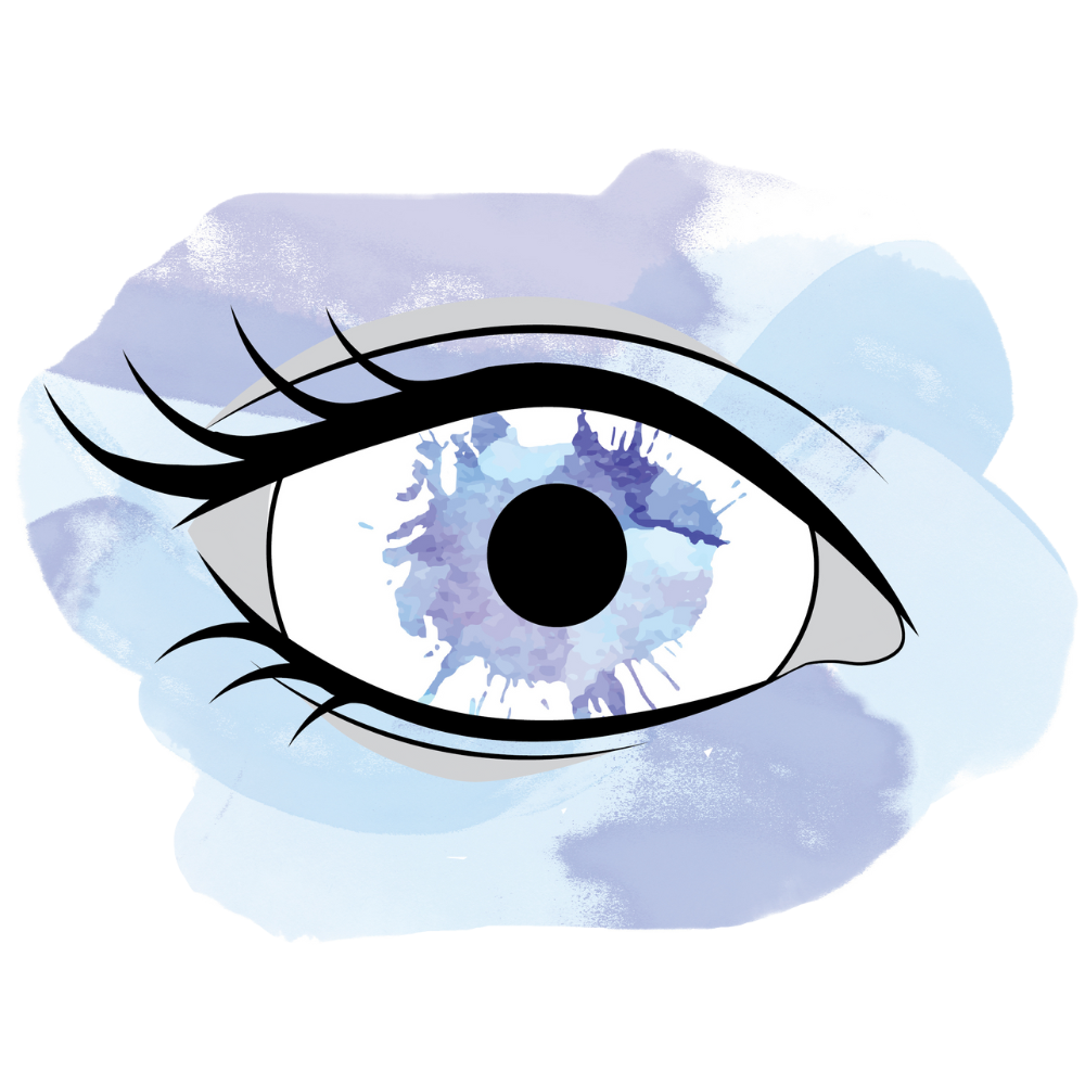 an eye with long eyelashes with an iris which is a paint splatter in blues and purples - the unsightly opinions logo