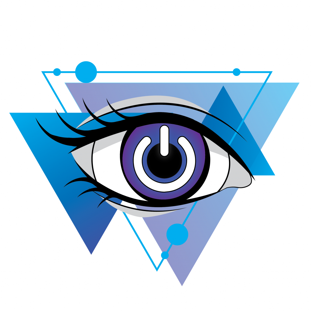 an eye with long eyelashes The purple fades from purple to blue and is transected by a large power on symbol. The outside of the eye are various blue triangles.  The unsightly gaming logo