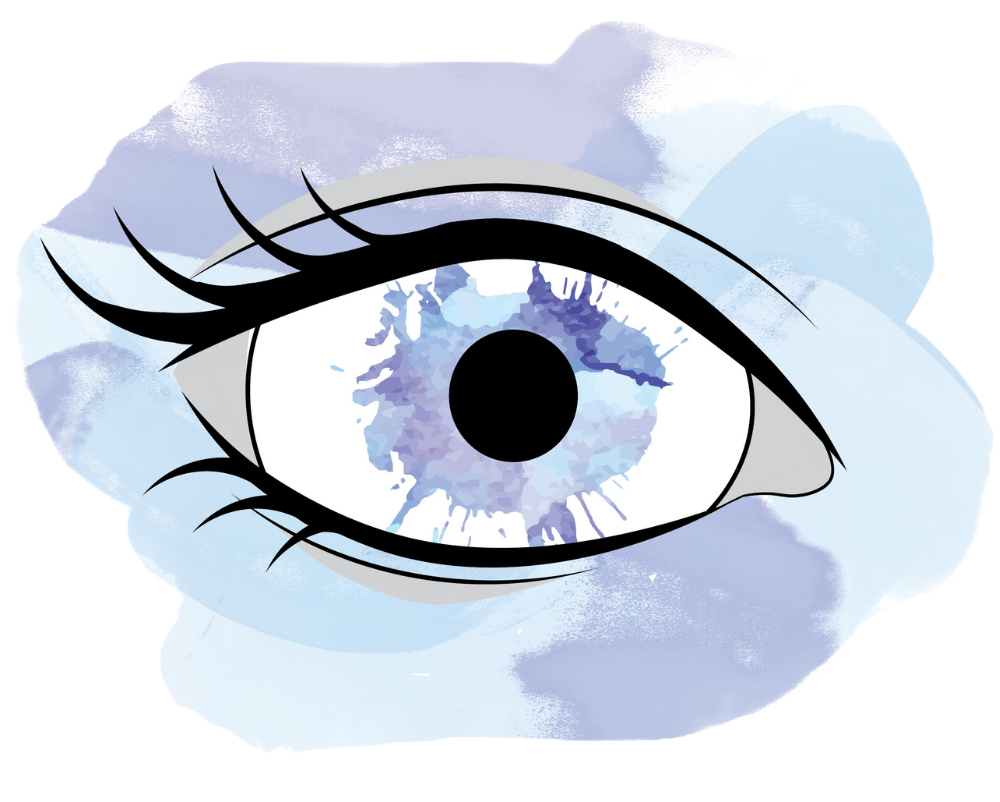 an eye with a paint splatter in blues and purples for the iris